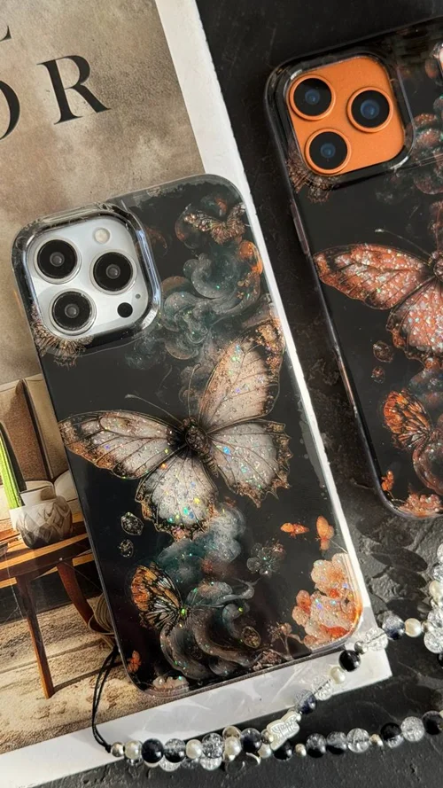 قاب موبایل آیفون پروانه ترنسپرنت مشکی پولکی طلاییC007040