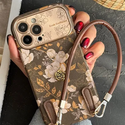 قاب موبایل آیفون گل فلاور کرم فندقی +  بند چرمی ستC006932